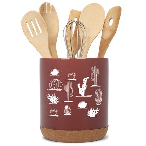 Elanze Designs 8 inch Cactus Desert Plant Pattern Large Ceramic Kitchen Utensil Holder Red and White Crock with Cork Base - 1 of 4