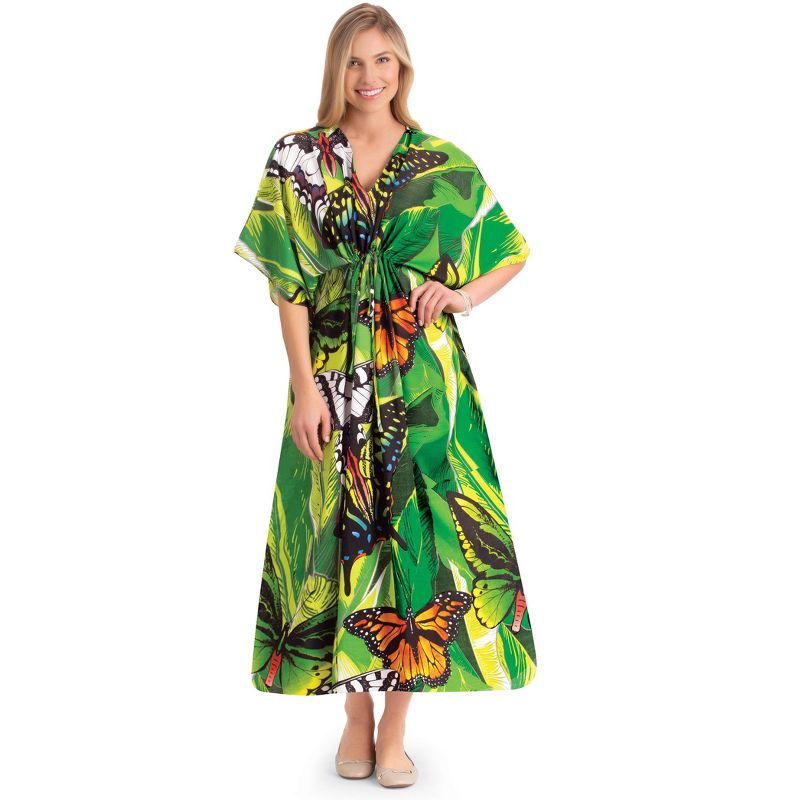 Collections Etc Tropical Butterfly Drawstring V-Neck Caftan, 1 of 5