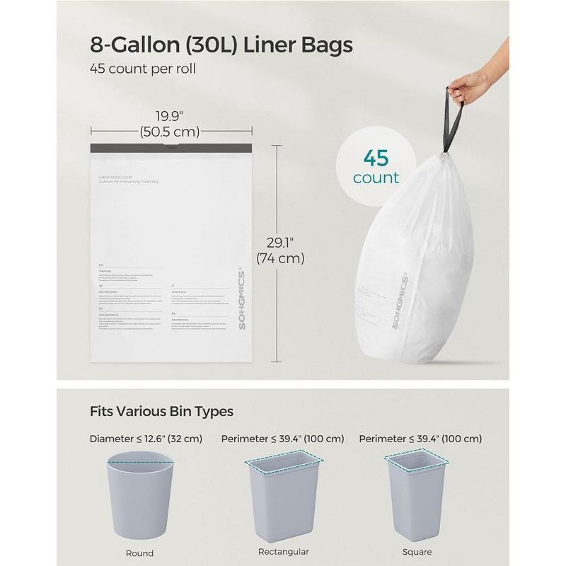 SONGMICS Trash Bags for 8-Gallon (30L) Trash Cans, Drawstring Kitchen Garbage Bags, Pre-Separated, Liner Code 30A, 3 of 9