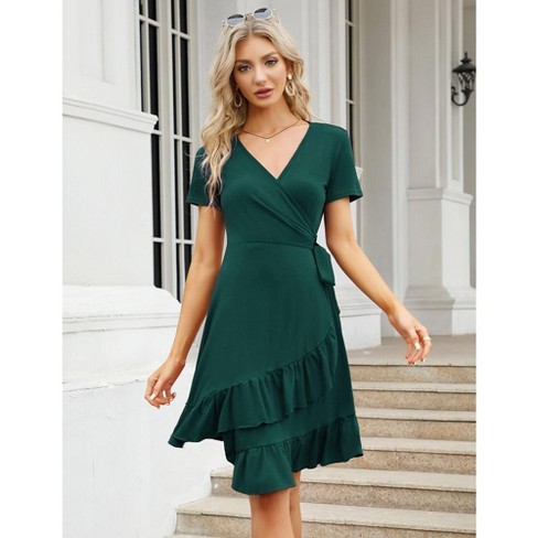 Whizmax Women s 2024 Wrap V Neck 3 4 Sleeve Dress Summer Casual Ruffle Side Split Flowy High Waist Midi Dress With Belt Party Dresses Target