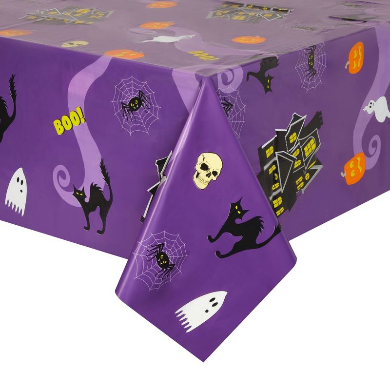 Juvale 3 Pack Halloween Tablecloth for Party Decoration, Washable Plastic Table Cover for Decor , Purple, 54 x 108 In, 4 of 7