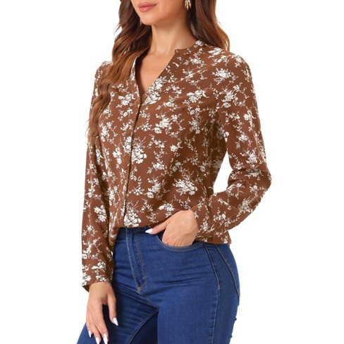 Allegra K Women's Floral Loose V Neck Long Sleeve Button-Up Shirt - image 1 of 4