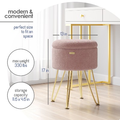 Pink Bouclé Round Storage Ottoman with Gold Legs