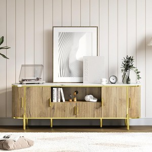Fluted TV Stand, TV Entertainment Center with Faux Marble Top, Console Table with Adjustable Shelves Sliding Doors, for Living Room, Bedroom - 1 of 4