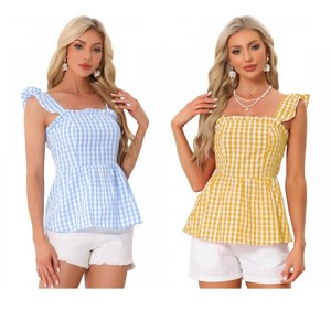 INSPIRE CHIC Women's Summer Square Neck Sleeveless Plaid Gingham Peplum Top 2 Packs - 1 of 4