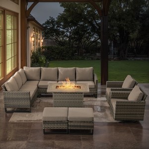 POCASSY 8 Piece Outdoor Sectional Patio Furniture Set, All Weather Gray Wicker Outdoor Furniture Set with Swivel Chair and 41" Propane Fire Pit - 1 of 4
