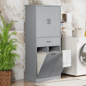 Bathroom Storage Cabinet with Two Laundry Baskets, Storage Cabinet with Doors and Drawer for Home, White - 1 of 4
