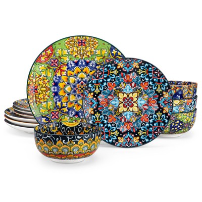 vancasso 12 Pieces Dinnerware Set, Multicolour Set, Bohemian Style, Porcelain Dinnerware, Plates, Bowls Set For 4 Person