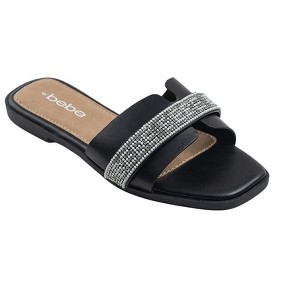 bebe Women's Slide Sandals - Slip-On Comfort with Rhinestone, Pearl, and Logo Embellished Straps - Casual Flat Sandals - 1 of 4