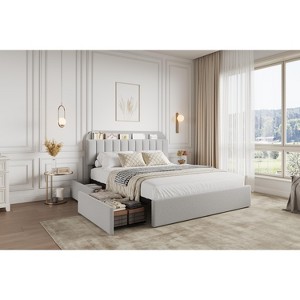 Queen Bed Frame, with Storage Headboard & 2 Drawers, Boucle Upholstered Platform Bed Frame for Boys/Girls,Easy Assembly, No Box Spring Needed, Beige - 1 of 4