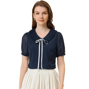 INSPIRE CHIC Women's Casual Bow Tie Pleated Neckline Swiss Dots Short Sleeve Blouse - 1 of 4