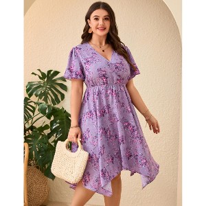 Garvee Women Plus Size Wrap V Neck Midi Dress Short Sleeves High Waist Irregular Hem Summer Casual Dress - 1 of 4