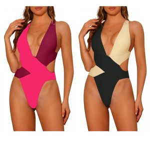 INSPIRE CHIC Women's Color Block Deep V Neck Criss Cross Back Swimwear Bathing Suit Monokini 2 Sets - 1 of 4