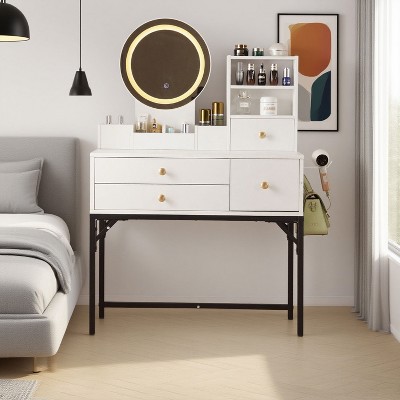 KTMBDW Vanity Desk with Lighted Mirror & Power Outlet, Makeup Vanity Desk with Drawers and Cabinet, Make up Vanity Table for Bedroom, White