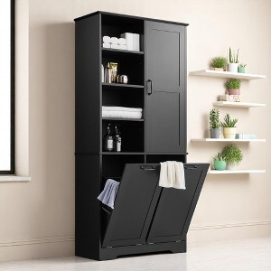 Tall Bathroom Storage Cabinet with Door, 2 Tilt-Out Laundry Hampers, Adjustable Shelves & Open Rack for Bathroom or Laundry Room - 1 of 4