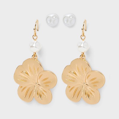 Pearl and Flower Drop Earring Set 2pc - Wild Fable™ Gold