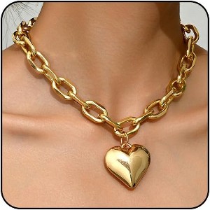 Chunky Heart Statement Necklace for Women, Big Puffy Heart with Chunky Chain - 1 of 4
