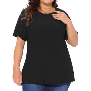 Agnes Orinda Women's Plus Size Textured Crew Neck Side Split Short Sleeve T-Shirts - 1 of 4