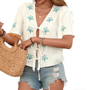 Womens Short Sleeve Front Bow Tie Embroidered Shirt Style Cardigan - 1 of 4