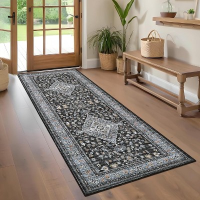 Vintage Floral Runner Rug - Washable Non-Slip Low Pile Hallway Carpet, Oriental Design Indoor Mat