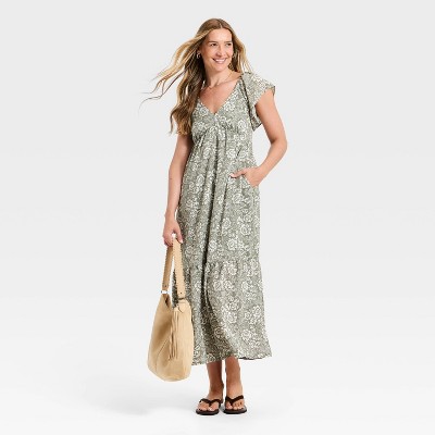 Women's Flutter Short Sleeve Floral Maxi A-Line Dress - Universal