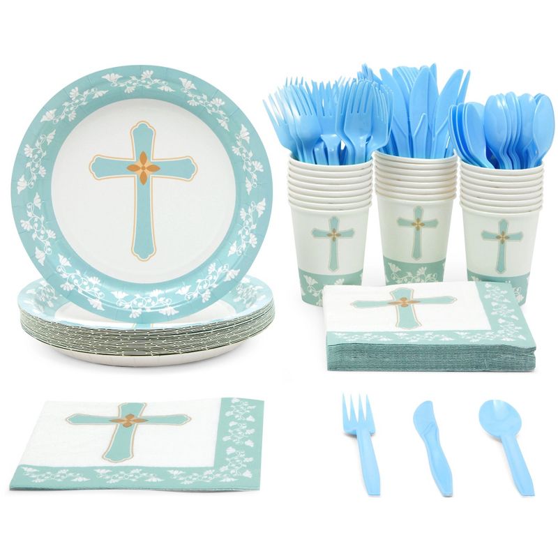 Juvale 144 Piece Baptism Decorations Tea Party Supplies, Includes Disposable Paper Plates, Napkins, Cups, Cutlery, 1 of 9