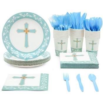 Juvale 144 Piece Baptism Party Decorations with Paper Plates, Napkins, Cups, Cutlery for Religious Easter Party, Baby Boy First Communion, Christening