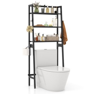 Costway Over The Toilet Storage Shelf 3-Tier Free Standing Above Toilet Rack Stand 2 Side HooksWhite/Black - 1 of 4