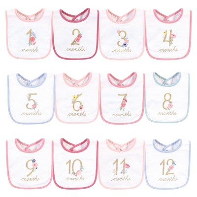 Image of Hudson Baby Infant Girl Cotton Bibs 12pk, Milestone Floral, One Size