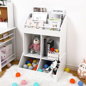 3-Tier Wooden Kids' Toy Organizer & Bookshelf - 4-Room Storage System for Nursery - 1 of 4