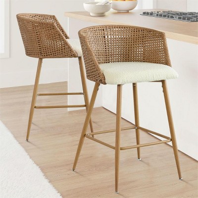 Nice Rattan Armrest Counter Stool Set Of 2, Boucle Upholstered Midbar Chair, 27 Inch Stools with Back for Kitchen Island - Maison Boucle
