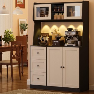 67" Tall Kitchen Hutch Storage Cabinet, Farmhosue Coffee Bar Cabinet with 3 Drawers and LED Lights, Freestanding Food Pantry Cabinet with Countertop - 1 of 4