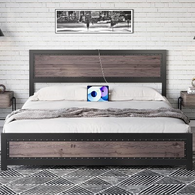TackView Bed Frame, 2024 New Metal Bed Frame with Charge Station, Industrial Platform with Wooden Headboard and Footboard