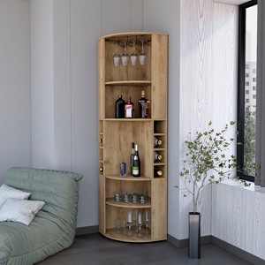 YOOCOZZ Corner Bar Cabinet, with 5 Shelves, Cup Hanger and 8 Built-in Wine Rack - Natural - 1 of 4