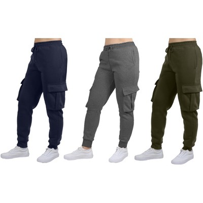 Blue Ice Women's Loose Fit Fleece Jogger Sweatpants with Velcro Cargo Pockets-3 Pack
