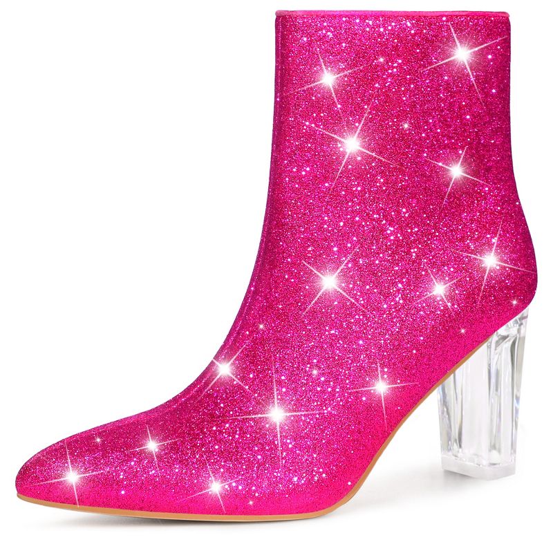 Perphy Women's Sparkly Glitter Upper Side Zipper Clear Block Heels Ankle Booties, 1 of 7