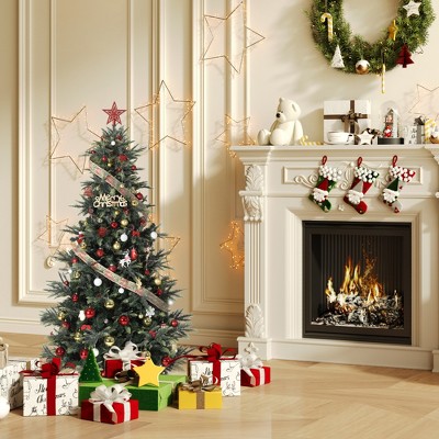 Pre-Lit Slim Aspen Fir Artificial Christmas Tree with Clear Lights, Realistic Pinecones & Berries, Metal Stand