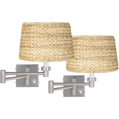 Possini Euro Design Modern Swing Arm Wall Lamps Set of 2 Brushed Nickel Plug-In Light Fixture Woven Seagrass Shade Bedroom Bedside