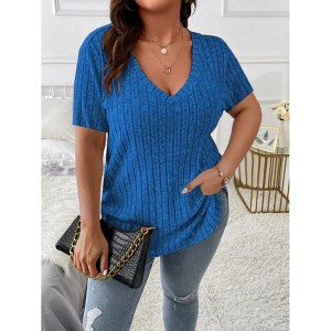 BLUEMING Women's Plus Size Ribbed Short Sleeve Tops V Neck Shirts Loose Lightweight Casual Pullover Blouses - 1 of 2