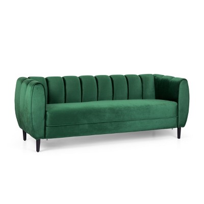 Emerald Velvet Tufted 3-Seater Sofa with Dark Brown Legs