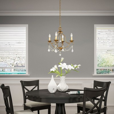 Antique Gold Leaf Brass Mini 4-Light Chandelier with Crystal Accents