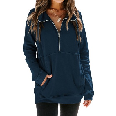 Nlife Women Merry Christmas Print Zipper Up Long Sleeve Kangaroo Pocket Sweatshirt Top