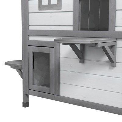 White and Gray Wooden 2-Story Outdoor Cat House with Platforms