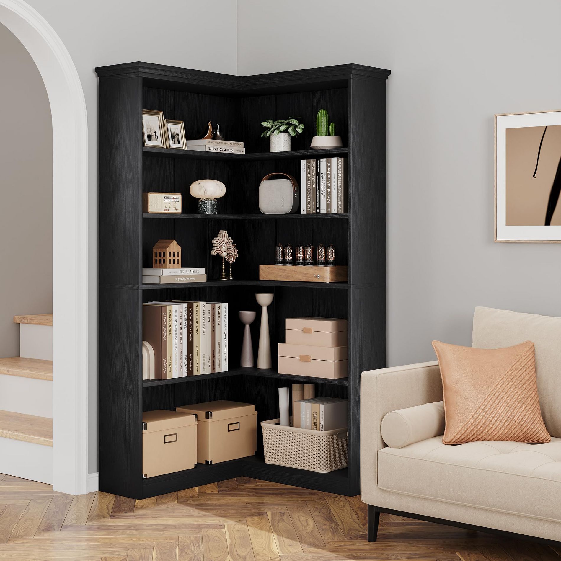 72" L-Shaped Corner Bookshelf, 5-Tier Wood Bookcase for Living Room/Office, Rustic Storage Shelf with Anti-Tip Design, Easy Assembly, Half-Back Style