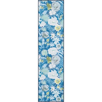 Navy Blue Floral Synthetic Outdoor Runner Rug