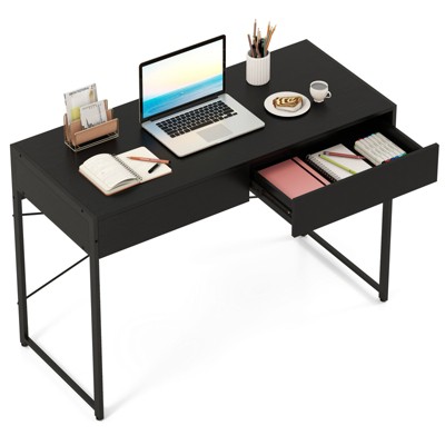 Tangkula Computer Desk with 2 Drawers Simple Wooden Study Writing Desk with Steel Frame 44 Inches Laptop PC Workstation Student Desk Black