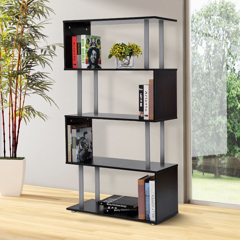 HomCom Modern S-Shaped 5 Tier Room Dividing Bookcase Wooden Storage Display Stand Shelf - Black, 2 of 7