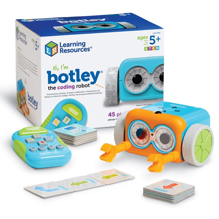 Blue and orange colored coding robot toy with a remote control, cards, and packaging labeled "botley the coding robot" for ages 5+.