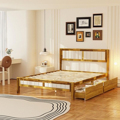 FUFU&GAGA Queen Size Acacia Wood Bed Frame with Upholstered Headboard and Storage Drawers Solid Wood Platform Bed Platform Bed