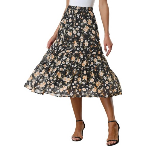 Allegra K Women's Floral Elastic Waist Tiered Ruffle Boho Midi Skirts ...